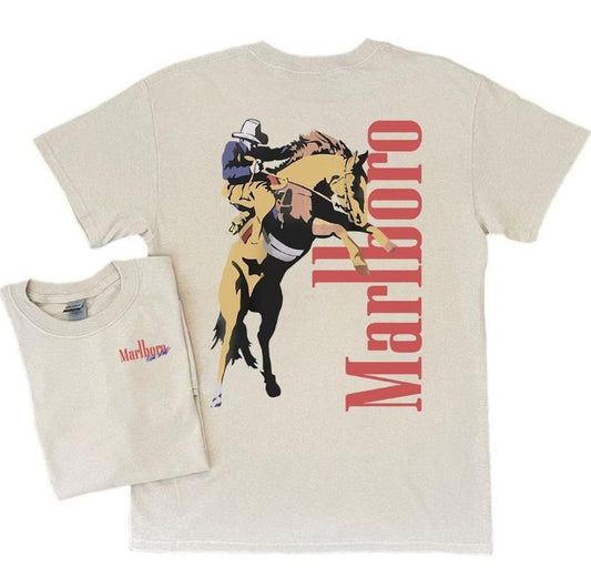 Vintage Marlboro Cowboy Wild West T-Shirt - 2 Side Tshirt- Classic Cotton Short Sleeve Top for Men - Man Menswear Underwear Tshirt