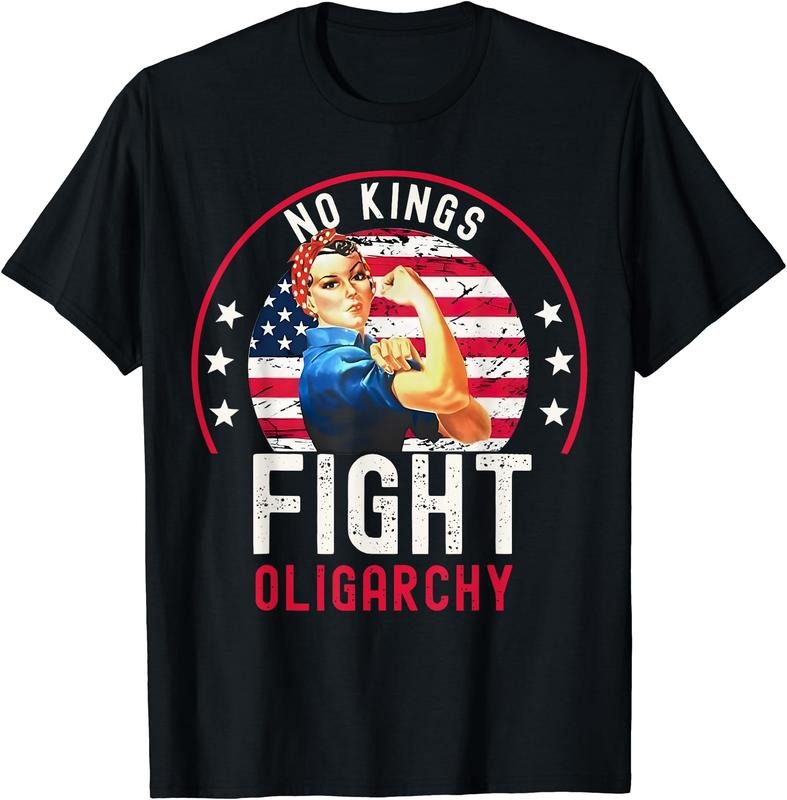 Vintage No Kings Fight Oligarchy Woman's Girl America Flag T-Shirt | Unisex Cotton Tee Gift, Crewneck, Short Sleeve