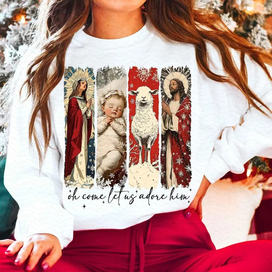 Vintage Oh Come Let Us Adore Him Crewneck Sweatshirt, Nativity Scene, Christmas Night, Retro Jesus Christmas, Baby Jesus,...