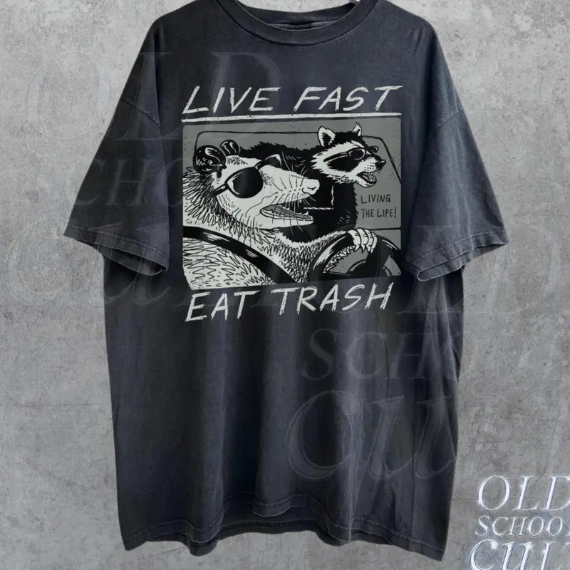 Vintage Opossum Live Fast Eat Trash 90s Style Graphic T-Shirt, Retro Raccoon Shirt, Trendy Shirts, Adult Unisex Relaxed Shirt, Washed Tee