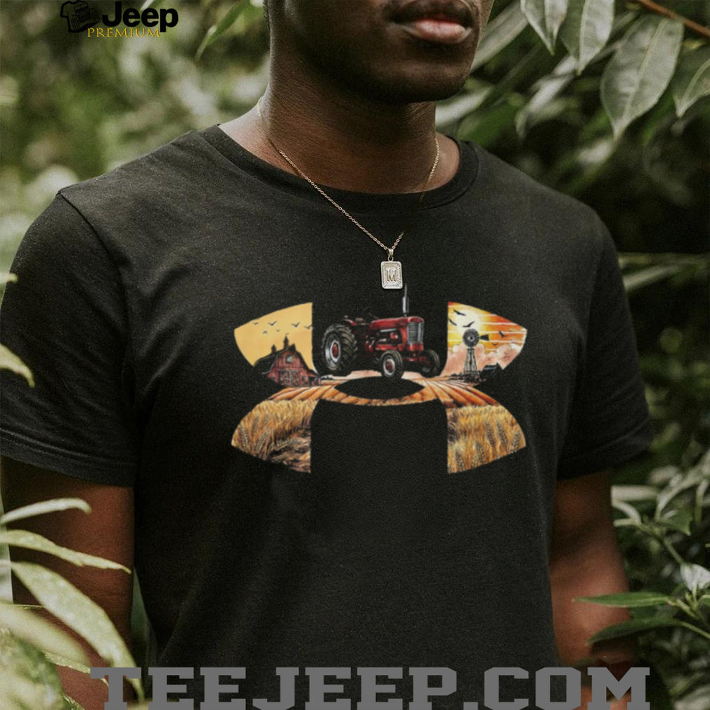 Vintage Red Tractor Sunset Farm Life Landscape Logo Graphic T Shirt