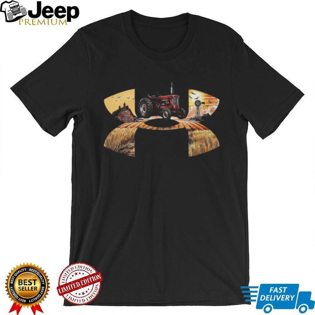 Vintage Red Tractor Sunset Farm Life Landscape Logo Graphic T Shirt