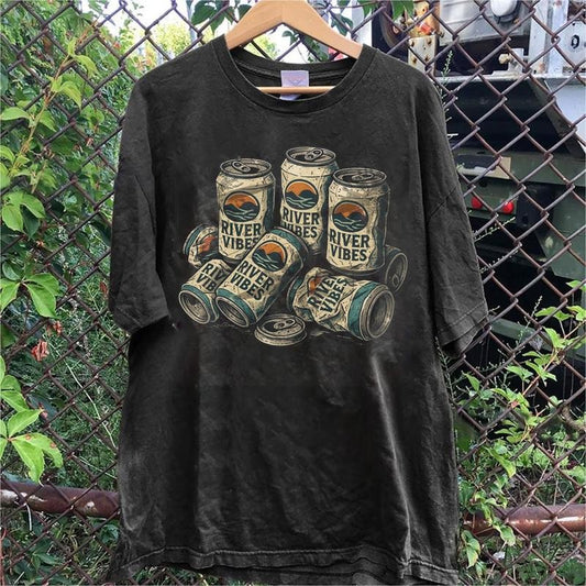 Vintage River Vibes Beer Can Graphic Tee, Outdoorsy Camping Shirt, Funny Drinking Shirt for Men and Women, Unisex Summer...