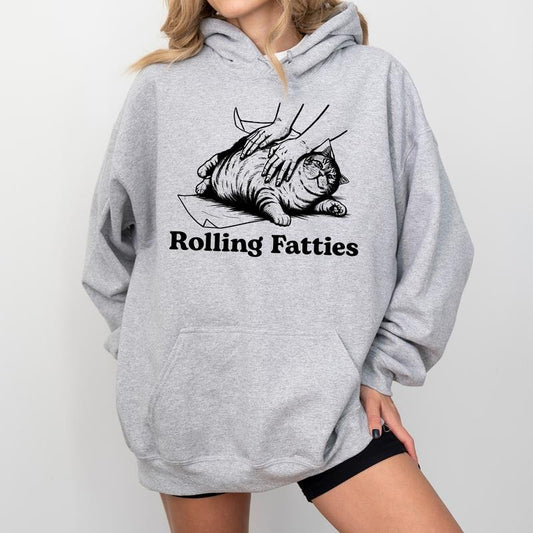 Vintage Rolling Fatties Cat Hoodie, Funny Meme Fat Cat Graphic Hoodies, Sarcastic Rolling Hoodie,  Adult Humor Hoodies, Vintage Unisex Outfits