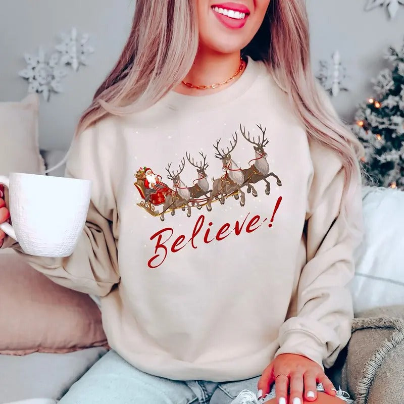 Vintage Santa Sleigh Christmas Sweatshirt, Retro Style Christmas Shirt, Vintage Christmas Shirt, Christmas Believe...