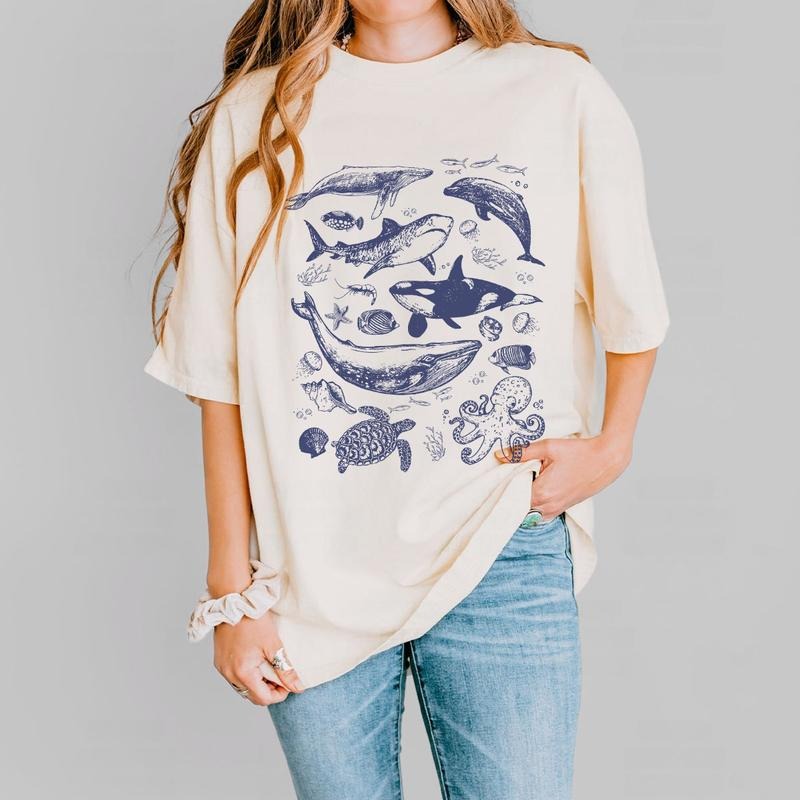 Vintage Sea Annimal Shirt, Ocean Animal Shirt, Ocean Nature Shirt, Gift For Her, Dolphin Shirt, Turtle Tee, Ocean Shirt for Women, Hello Summer Shirt, Beach Lover Summer Tee, Sea Animal Lover Gift, Cute Ocean Life Shells T-shirt, Sea Animal Women Top