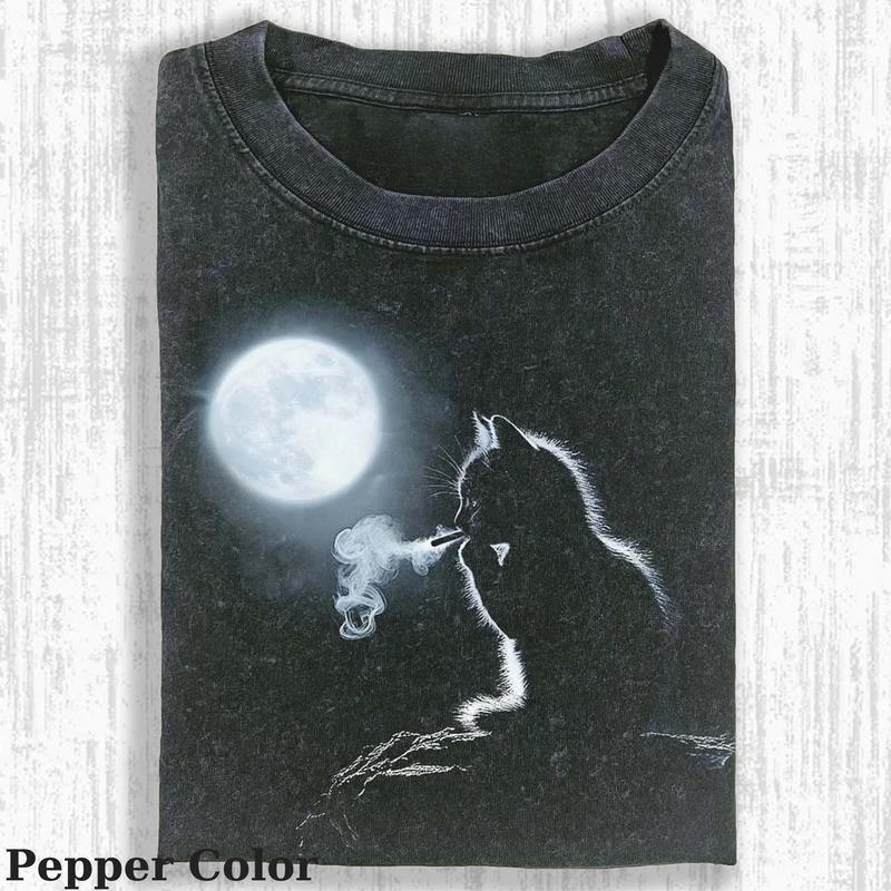 Vintage Smoking Cat In The Moonlight T-Shirt, Fantasy Kitten Tshirt, Cute Cat Shirt, Cool Cat Tshirt, Love Cat Tshirt, Meme Cringe Funny Dumb Shirts, Unisex Shirt Menswear Womenswear Streetwear