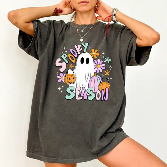 Vintage Spooky Season Comfort Colors Shirt, Cute Ghost Halloween Graphic Tee, Retro Floral Ghost Unhinged Shirt, Funny T-shirt For Women, Cute Halloween Gifts, Comfy Fabric Graphic Tee, Women's Top, Womenswear, Cotton Fabric Relaxed Fit Chic Style