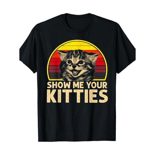 Vintage Sunset Cat Graphic Tee, 100% Cotton Casual T-Shirt with Geometric Pattern, Round Neck, Short Sleeve, Regular Fit for All Seasons - Adult Unisex Made in USA