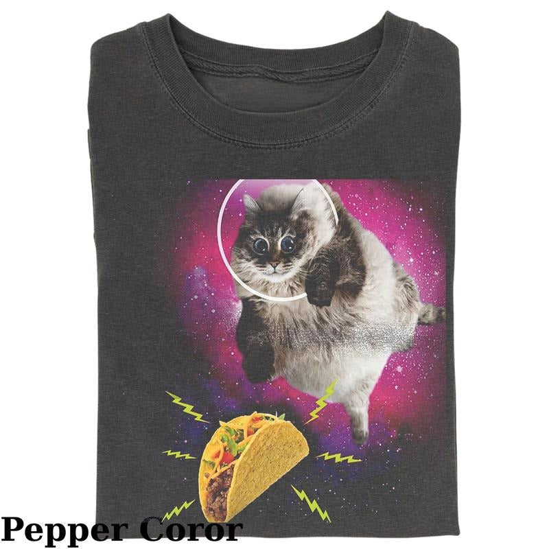 Vintage Taco And Cat in Space T-shirt, Fantasy Kitten Tshirt, Cute Cat Shirt, Love Cat Tshirt, Meme Cringe Funny Dumb Shirts, Unisex Shirt Menswear Womenswear Streetwear