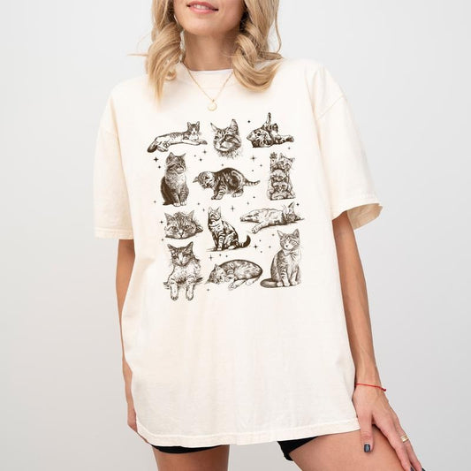 Vintage Tattoo Cat Tshirt, Retro Kitten Graphic Shirt For Girls, Cute Cats Tee, Cat Lovers Gift, Cats In Space Unisex Tee, Funny Gifts For Cat Mom, Cartoon Cat T-shirt, Casual Women's Tops, Oversized Womenswear, Cotton Fabric Relaxed Fit Chic Style