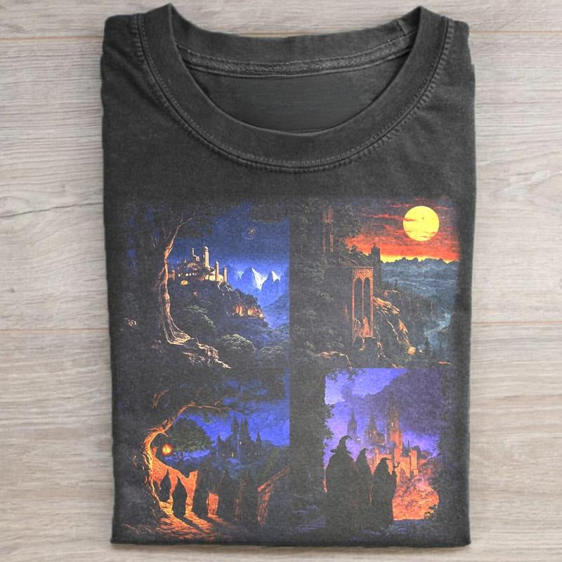 Vintage The Lord of The Rings Movie Art Graphic Tee - LOTR - Iconic Movie Scenes - Middle Earth - The Hobbits Shirt - Fantasy Rings - Wizard Tee Top Womenswear