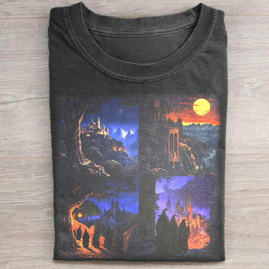Vintage The Lord of The Rings Movie Art Graphic Tee - LOTR - Iconic Movie Scenes - Middle Earth - The Hobbits Shirt - Fantasy Rings - Wizard Tee Top Womenswear