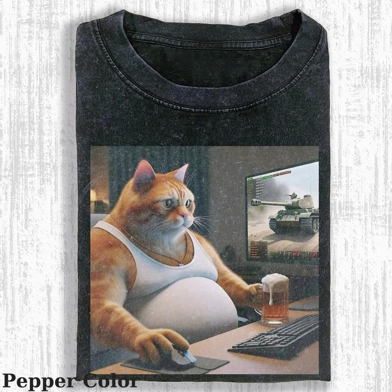 Vintage The Playing Games Cat T-Shirt, Fantasy Kitten Tshirt, Cute Cat Shirt, Cool Cat Tshirt, Love Cat Tshirt, Meme Cringe Funny Dumb Shirts, Unisex Shirt Menswear Womenswear Streetwear