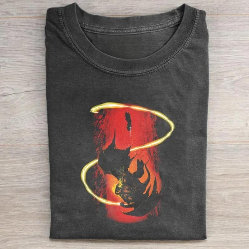 Vintage The Wizard and The Demon Graphic Tee - The Lord of The Rings Movie Shirt - LOTR - Gandalf - Tolkien - Fantasy Rings - Book Lover - Fantasy Novel Menswear Top