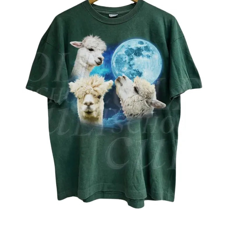 Vintage Three Alpacas Graphic T-shirts, Retro Alpacas Tshirt, Wild Life Lovers, Funny Weird Shirt, Oversized Y2k Washed Animal Tee Menswear Top Man