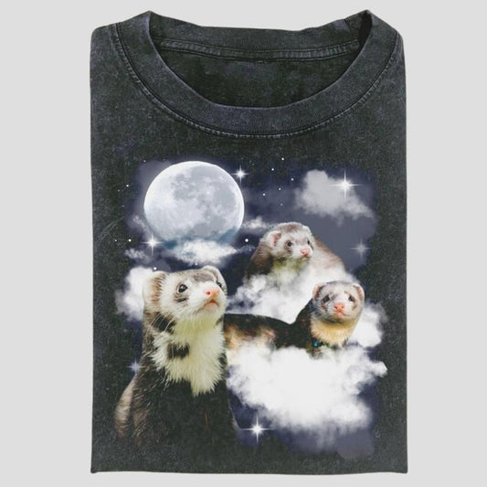 Vintage Three Ferret Moon Graphic Tee, Funny Animal Meme Shirt, Cloudcore Pet Lover Aesthetic, Unisex Menswear Womenswear Top