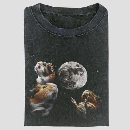Vintage Three Guinea Pigs Moon Graphic Tee, Funny Rodent Meme Shirt, Cosmic Animal Aesthetic, Unisex Menswear Womenswear Top