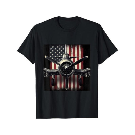 Vintage WW2 Warplane F4U Corsair & American Flag Graphic T-Shirt, Mature Style Cotton Crew Neck, Casual All-Season Short Sleeve Tee for Men Made in USA