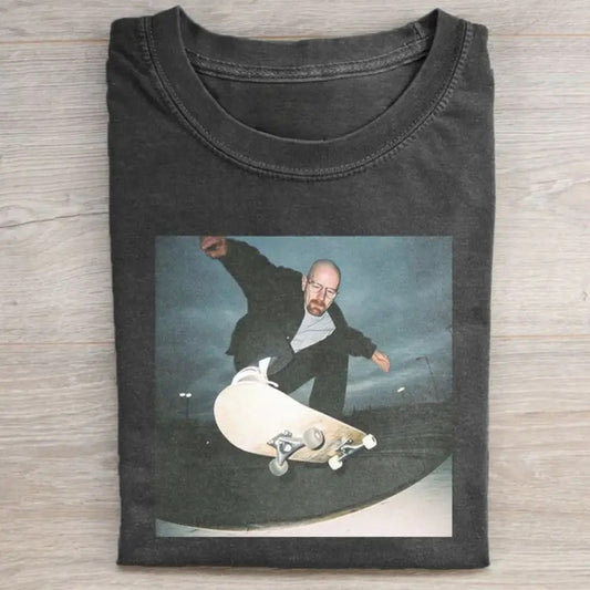 Vintage Walter White Jumping Ramp Graphic Tee, Breaking Bad Movie Shirt, Funny Skateboard Graphic, Movie Parody Tshirt Menswear Top