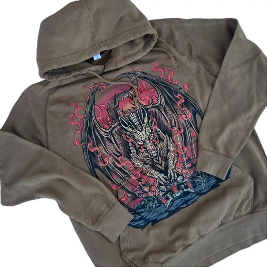 Vintage Washed Hoodie - Dragon, Unisex, Gift for Dad, Monster Sweatshirt, Goth, Zombie, Halloween, Scary, Rock, Punk, Metal