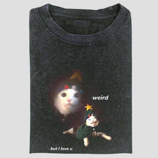 Vintage Weird But I Love U Cat Graphic Tee, Funny Wholesome Meme Shirt, Softcore Romantic Animal Aesthetic, Unisex Menswear Womenswear Top