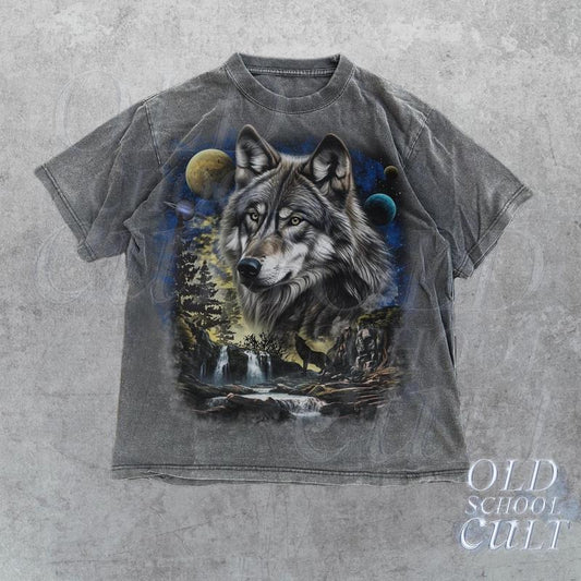 Vintage Wolf 90s Graphic Shirt, Retro Mystical Wolf Galaxy Tee, 2000s Nature Alpha Wolf Moon Shirt, Nostalgia Unisex Oversize Tee, Wolf Gift
