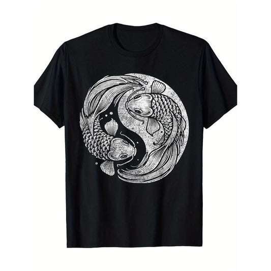 Vintage Yin-Yang Koi Fish Graphic Tee for Men - 100% Cotton, Short Sleeve, Crew Neck T-Shirt - Perfect for Casual Wear Made in USA