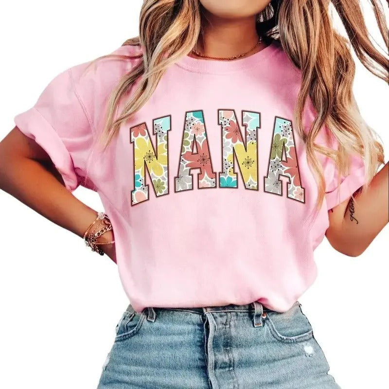 Vintage floral NANA T-Shirt, Gift For Grandma, Grandma, Graphic Tee, Light Pink