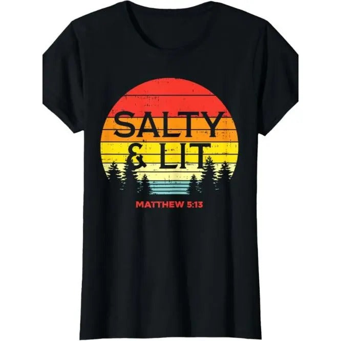 Vintage style Forest at Sunset, niche design print, quality breathable material, casual everything Salty And Lit Matthew 5 13 Gift T-shirt Made in USA