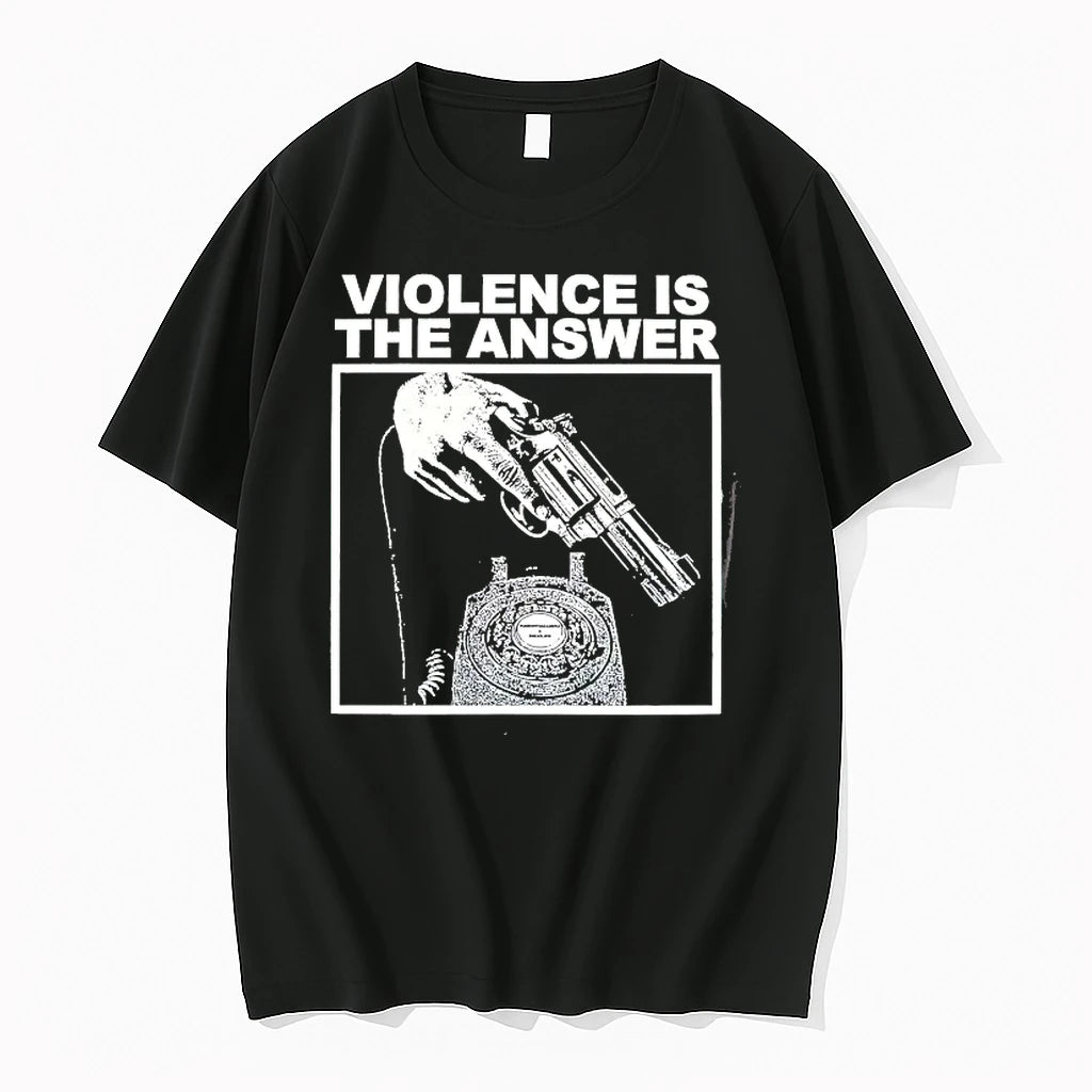 Violence Is The Answer Hand Holding Revolver Telephone Mens Black Tees Front Tshirts Sweater