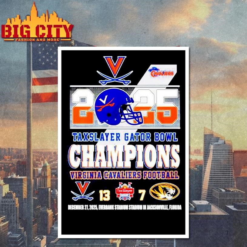 Virginia Cavaliers 2025 Taxslayer Gator Bowl Champions score helmet Shirt