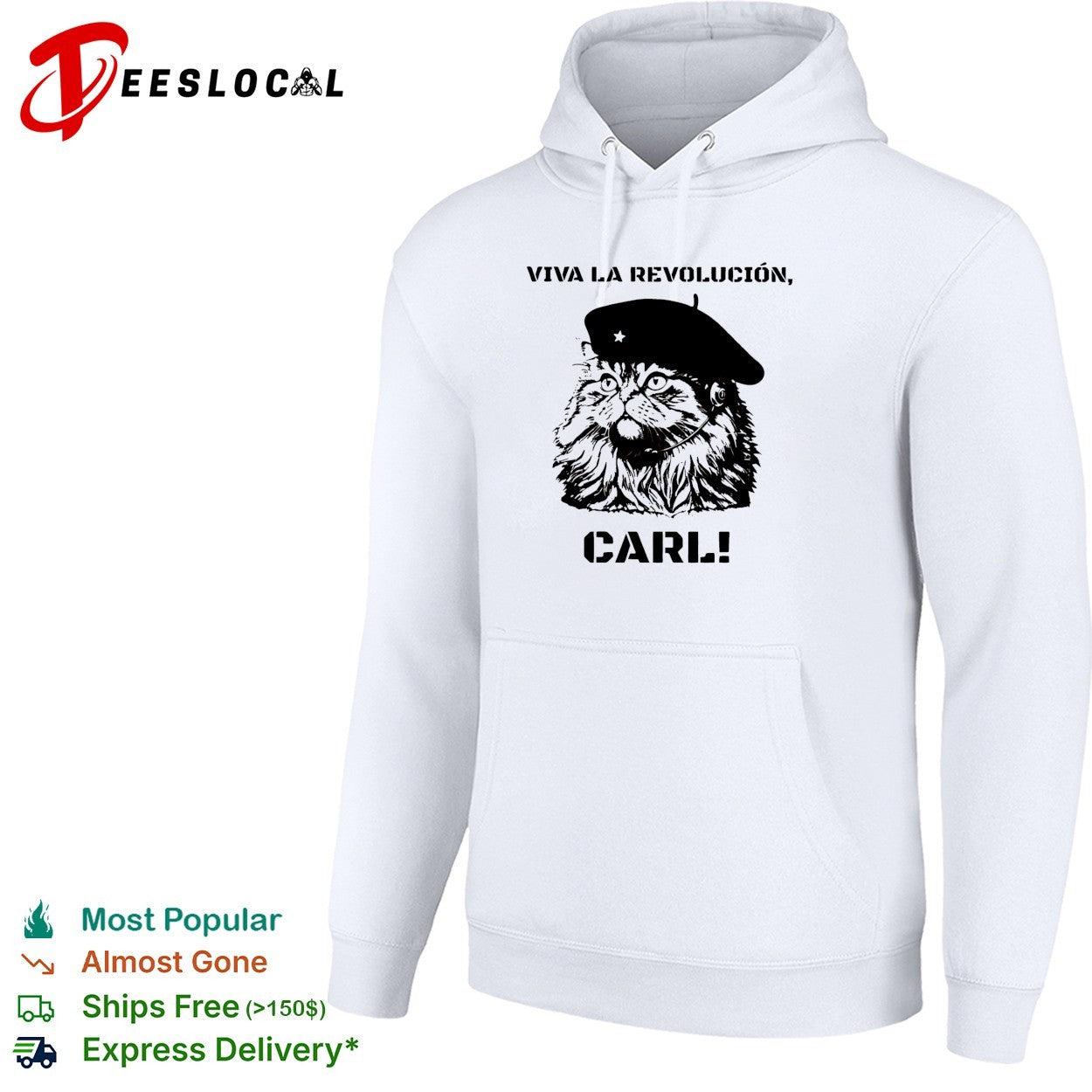 Viva la revolucion Carl cat wearing star beret and headset shirt