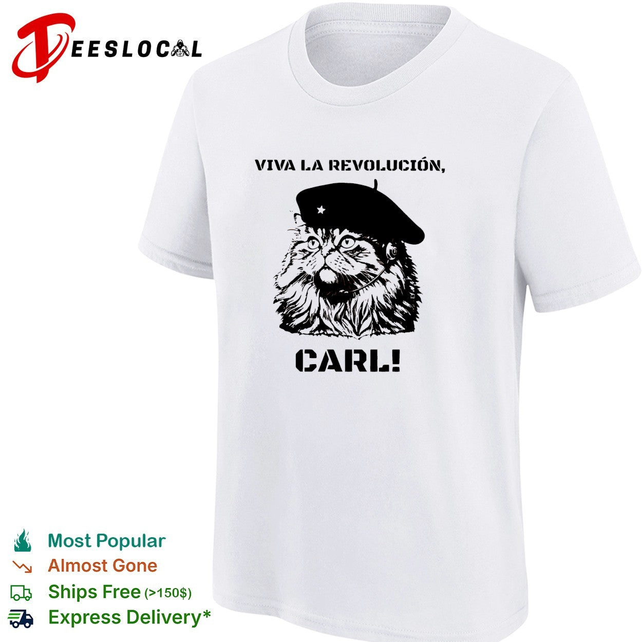 Viva la revolucion Carl cat wearing star beret and headset shirt