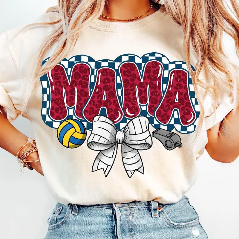Volleyball Mama T-Shirt, Volleyball Coquette T-Shirt, Game Day Volleyball Bow Shirt, Checker Volleyball Shirt, Sport Mama T-Shirt