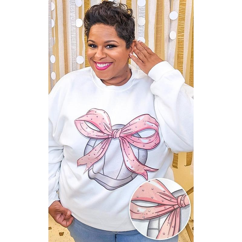 Volleyball Pink Bow Rhinestone Graphic Sweatshirt