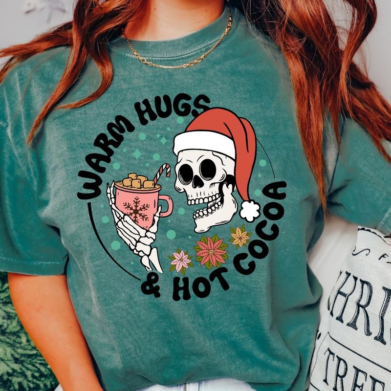 WARM HUGS AND HOT COCOA T-SHIRT (COMFORT COLORS T-SHIRT, CASUAL SHIRT UNISEX, CHRISTMAS CLOTHING, GRAPHIC APPAREL, HOLIDAY SHIRT) Cotton Fabric
