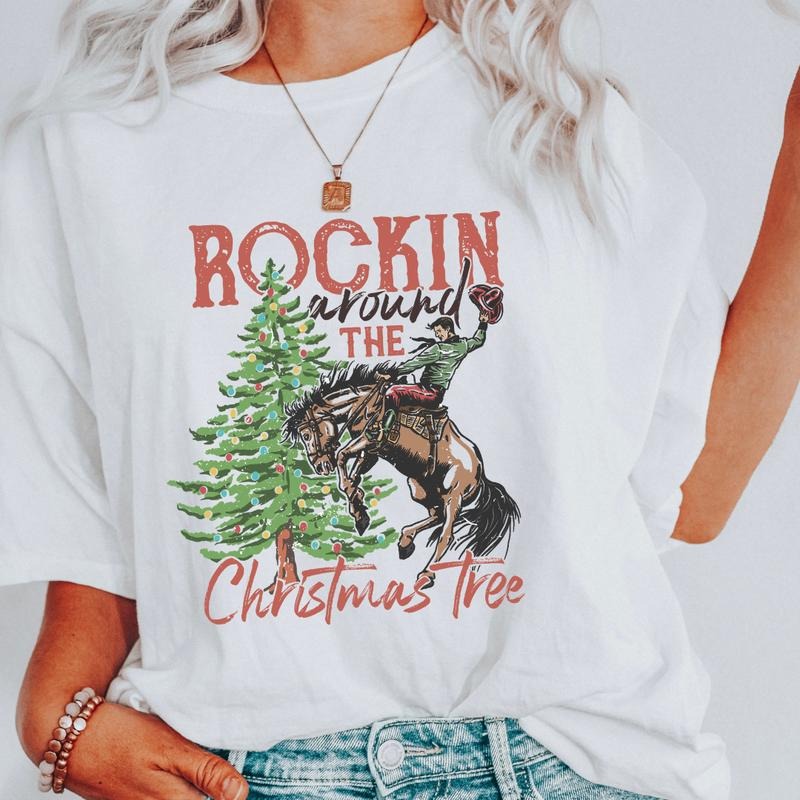 WESTERN ROCKING AROUND #1  T-SHIRT (COMFORT COLORS T-SHIRT, CASUAL SHIRT UNISEX, CHRISTMAS CLOTHING, GRAPHIC APPAREL, HOLIDAY SHIRT) Cotton Fabric
