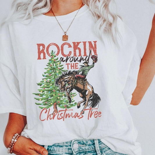 WESTERN ROCKING AROUND #1  T-SHIRT (COMFORT COLORS T-SHIRT, CASUAL SHIRT UNISEX, CHRISTMAS CLOTHING, GRAPHIC APPAREL, HOLIDAY SHIRT) Cotton Fabric