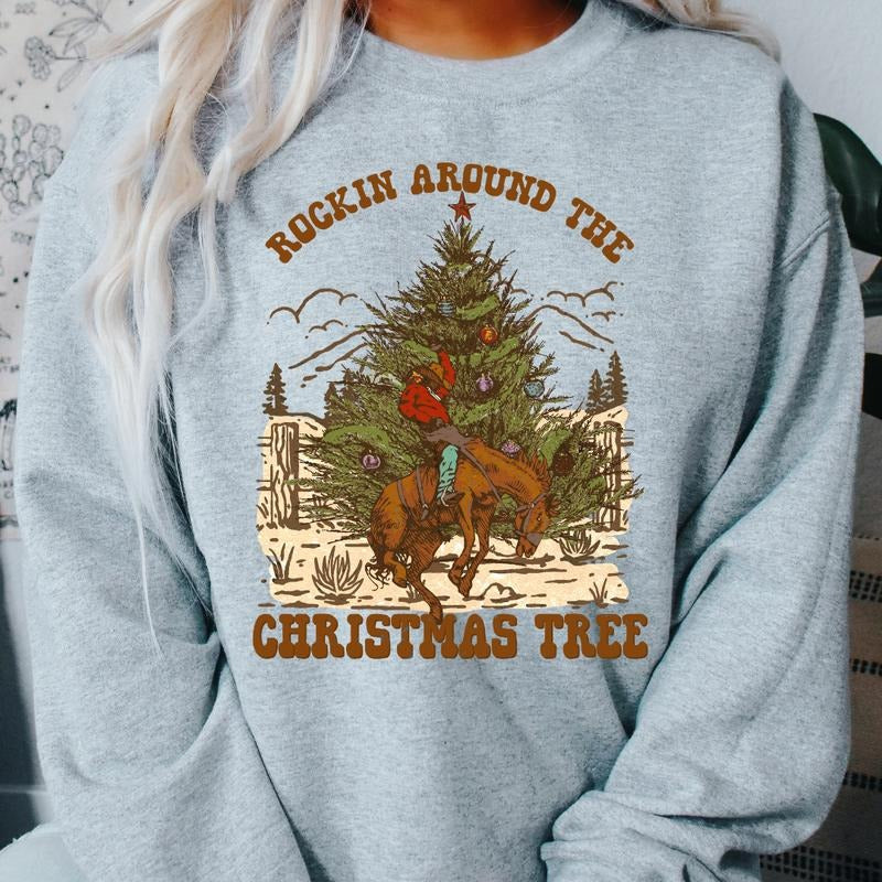 WESTERN ROCKING AROUND #2 CREWNECK (Crewneck Sweatshirt, Unisex Fit, Causal Sweatshirt for Christmas, Christmas Holiday Sweatshirt) Oversized Womenswear