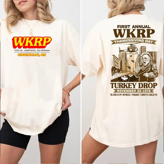 WKRP First Annual Thanksgiving Day WKRP Turkey Drop Shirt, In Cincinnati Movie Sweater, Happy Thanksgiving Shirt, Drop Turkey Tee Cotton Top