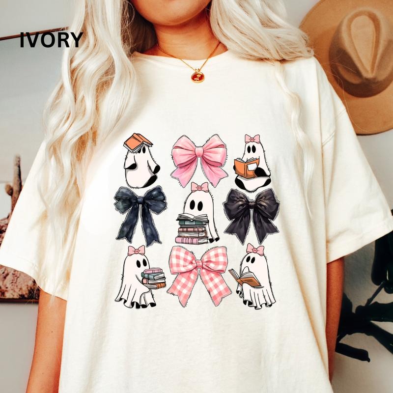 WOMENS GRAPHIC TEES, BOWS AND BOOKS SHIRT, HALLOWEEN BOW COQUETTE SHIRT, WOMEN'S READING SHIRT, (COMFORT COLORS T-SHIRT, CASUAL SHIRT UNISEX, HALLOWEEN CLOTHING, GRAPHIC APPAREL) Cotton Fabric