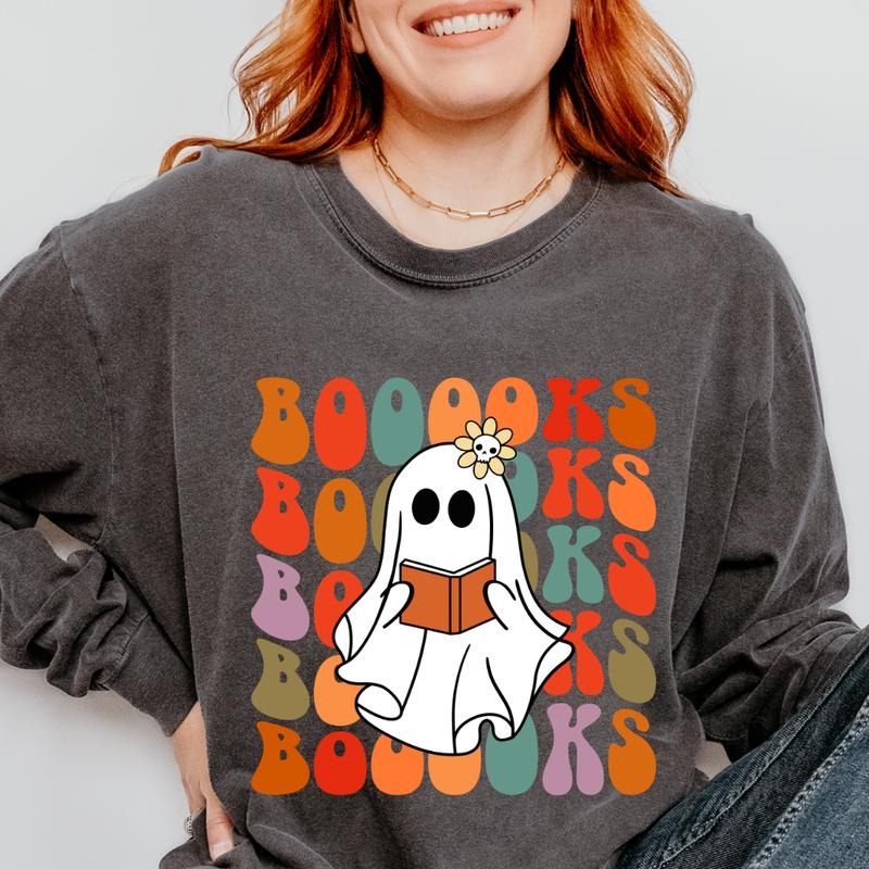 WOMENS GRAPHIC TEES, GHOSTS READING BOOKS #2 SHIRT, WOMEN'S READING SHIRT, (COMFORT COLORS T-SHIRT, CASUAL SHIRT UNISEX, HALLOWEEN CLOTHING, GRAPHIC APPAREL) Cotton Fabric