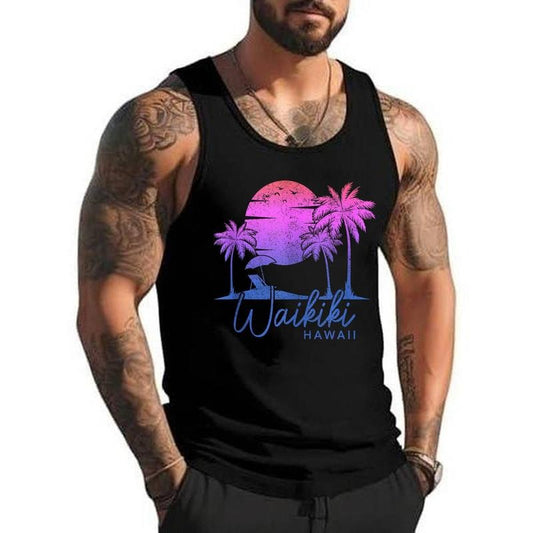 Waikiki Beach Hawaii Surf Vintage Sunset Surfer Unisex Tank Top, Cotton, Size S-3XL