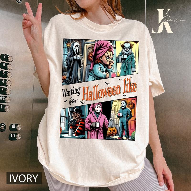 Waiting For Halloween T-Shirt, Horror Character Shirt, Horror Movies T-Shirt, Retro Halloween Shirt, Spooky Season Shirt, Halloween Sweatshirt Crewneck Top