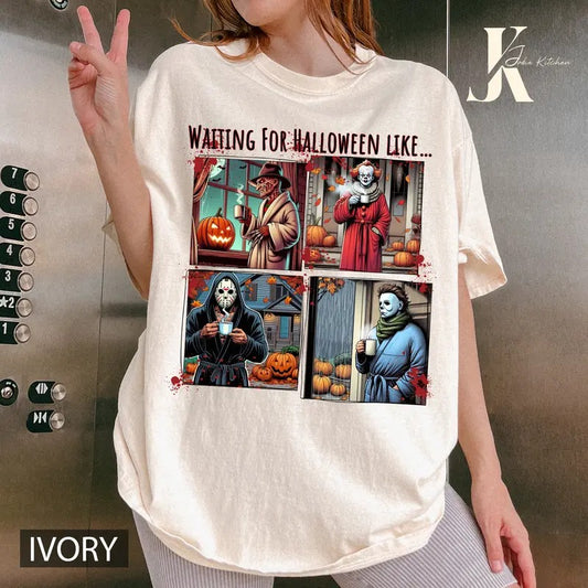 Waiting For Halloween T-Shirt, Waiting For Halloween Like Comfort Colors Shirt, Horror Movies T-Shirt, Retro Halloween Shirt, Horror Characters Sweatshirt, Spooky Season Shirt, Halloween Sweatshirt