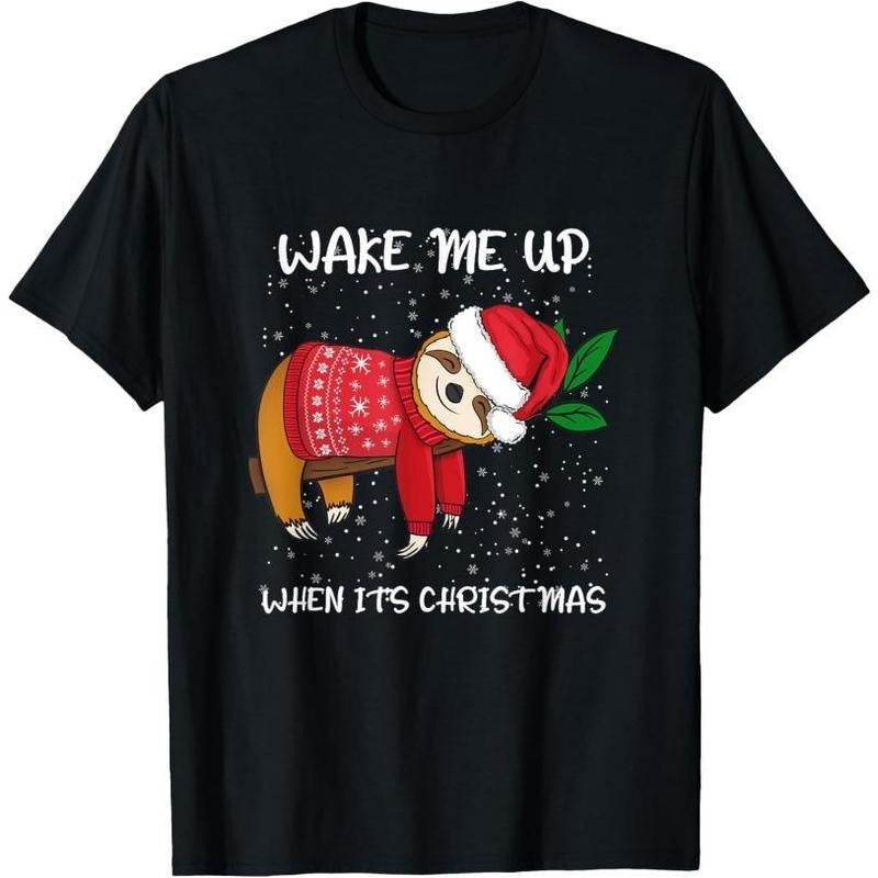 Wake Me Up When It's Christmas Funny Christmas Sloth T-Shirt Made in USA