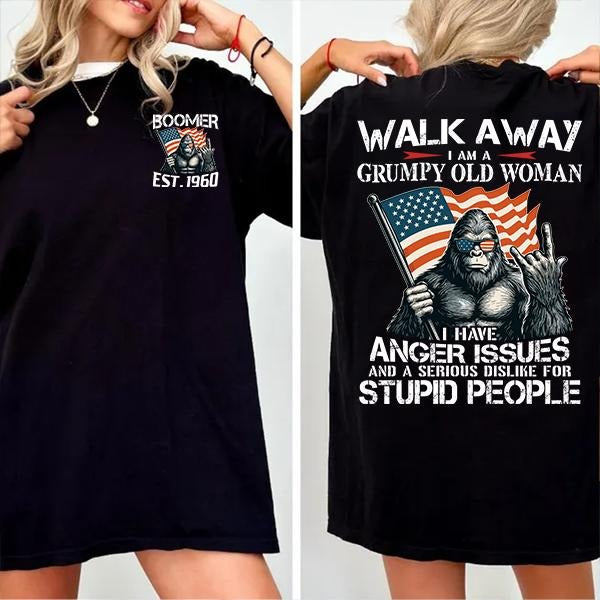 Walk Away Im A Grumpy Old Woman Baby Boomer T-shirt, Boomer FAFO T Shirt - 100% Cotton Top Unisex Comfort Womenswear Menswear, Custom Classic Collar Love