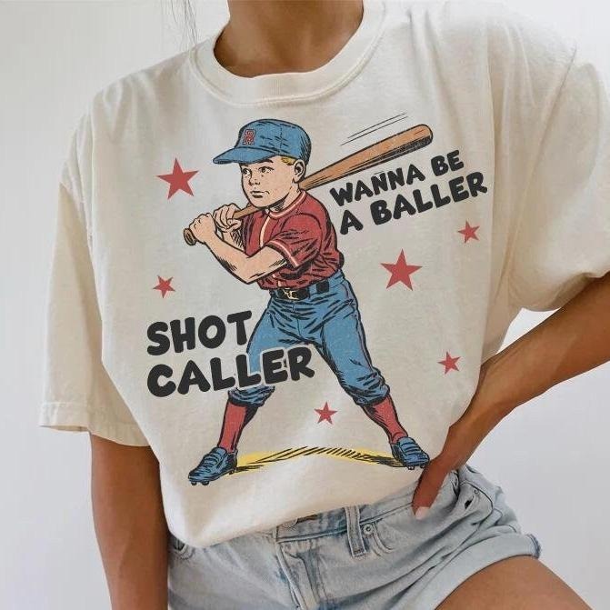 Wanna Be a Baller Shot Caller Baseball Shirt for Women Retro Vintage Crewneck Long Sleeve Pullover 100% Cotton