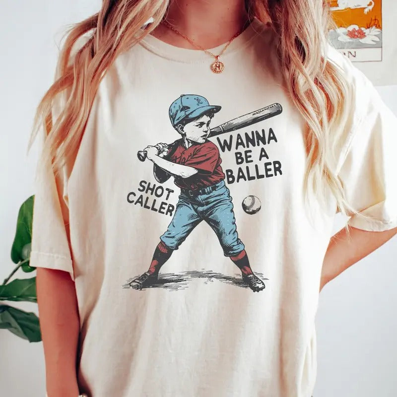 Wanna be a baller shot caller Shirt, Retro baseball shirt, Baseball boy Shirt, Baseball Lover Gift, Game Day Shirt, Sport Lover Gift Cotton Fabric